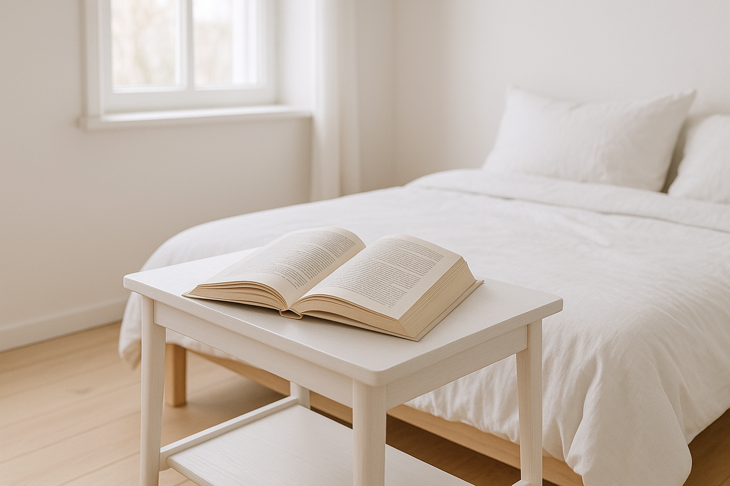 open book on a nightstand in a white skandinavian bedroom