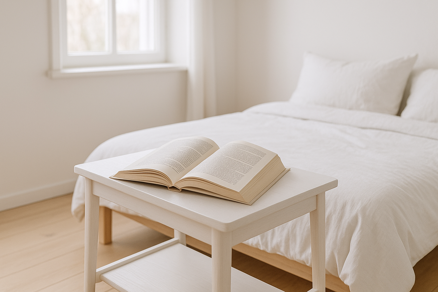 open book on a nightstand in a white skandinavian bedroom