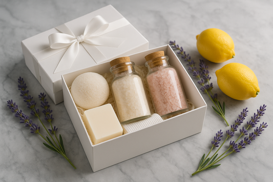 white gift box with spa items like bath salt, on the marble grey counter top with lavender and lemon